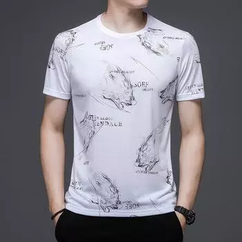 Летняя новая мужская свободная тонкая повседневная футболка с коротким рукавом в корейском стиле с животным принтом M