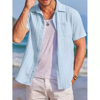 Летняя новая мужская текстурированная однотонная рубашка мужская повседневная свободная рубашка с короткими рукавами M светло-синий