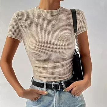 Летняя новая облегающая футболка с круглым вырезом и коротким рукавом, женская элегантная модная однотонная женская футболка, повседневная облегающая укороченная футболка для офиса 26147 S абрикосовый