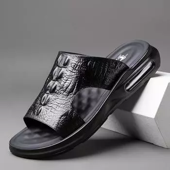 Летняя новая обувь для мужчин. Сандалии из натуральной кожи с крокодиловым принтом. Повседневные тапочки. Шлепанцы на воздушной подушке. Крутая пляжная обувь. 38 чёрный