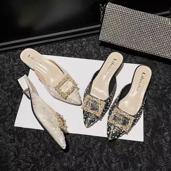 Летняя новая обувь для женщин, красивые тапочки, повседневные сандалии с острым носком и жемчугом, модные туфли на каблуках для девочек, мюли, шлепанцы 35 чёрный