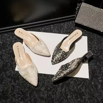 Летняя новая обувь для женщин, современные тапочки, повседневные сандалии с острым носком в японском стиле, туфли-лодочки для девочек, туфли на каблуках 35 чёрный