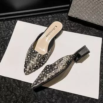 Летняя новая обувь для женщин, современные тапочки, повседневные сандалии с острым носком в японском стиле, туфли-лодочки для девочек, туфли на каблуках 35 чёрный