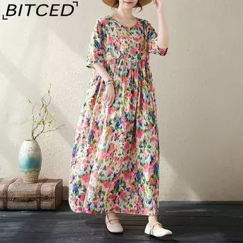 Летняя новая очень широкая юбка в стиле ретро с короткими рукавами, внешнеторговое женское платье One Size жёлтый