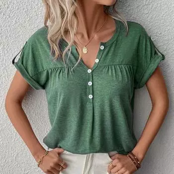 Летняя новая однотонная футболка больших размеров с коротким рукавом, женская модная футболка с круглым вырезом и круглым вырезом, повседневная футболка для офисных леди, элегантные свободные простые футболки для женщин 24528 S чёрный