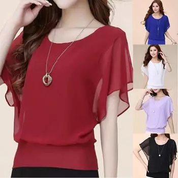 Летняя новая однотонная шифоновая рубашка, милая футболка с короткими рукавами, женская одежда большого размера S чёрный