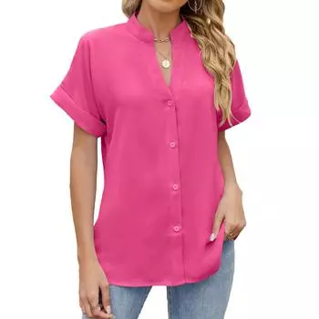 Летняя новая однотонная свободная рубашка с V-образным вырезом и короткими рукавами на пуговицах из шифона S белый