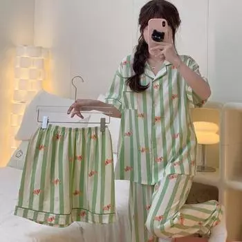 Летняя новая пижама домашняя одежда костюм-тройка полосатый цвет столкновение принт облака хлопок с короткими рукавами для девочек повседневная домашняя одежда M