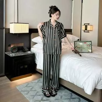 Летняя новая пижама из ледяного шелка с принтом, женские брюки с короткими рукавами, свежая домашняя одежда M