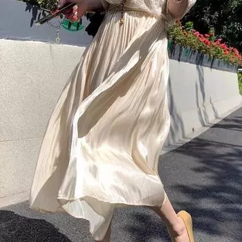 Летняя новая плиссированная свободная юбка с высокой талией для женщин, модная однотонная облегающая повседневная юбка А-силуэта, женская элегантная винтажная длинная юбка 26327 One Size чёрный