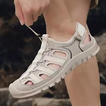 Летняя новая повседневная обувь ручной работы из дышащей сетки, мужская ажурная пляжная обувь большого размера, британский тренд, сандалии с сумкой на голове 38 песочный