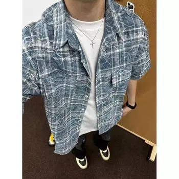 Летняя новая повседневная рубашка с рукавами пять четвертей, свободная рубашка большого размера с короткими рукавами для мужчин и женщин M синий