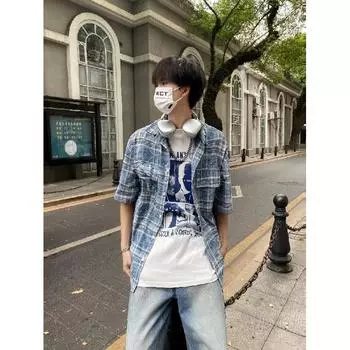 Летняя новая повседневная рубашка с рукавами пять четвертей, свободная рубашка большого размера с короткими рукавами для мужчин и женщин M синий