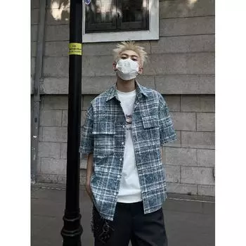 Летняя новая повседневная рубашка с рукавами пять четвертей, свободная рубашка большого размера с короткими рукавами для мужчин и женщин M синий