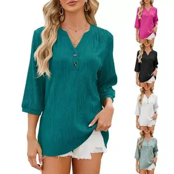 Летняя новая повседневная шифоновая рубашка с v-образным вырезом и пуговицами для женщин. Топы, однотонные свободные элегантные блузки с короткими рукавами, женские винтажные блузки больших размеров 24286 S чёрный