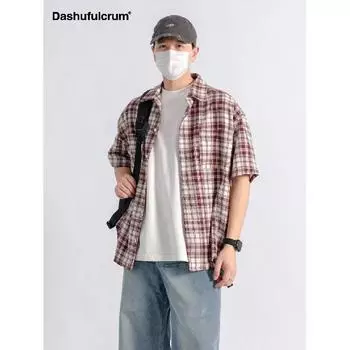 Летняя новая рубашка с цветными лацканами в клетку с японским ретро-украшением на карманах, рубашка с короткими рукавами M синий