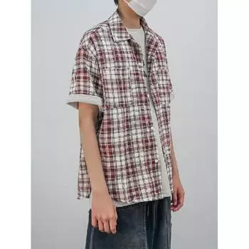 Летняя новая рубашка с цветными лацканами в клетку с японским ретро-украшением на карманах, рубашка с короткими рукавами M синий