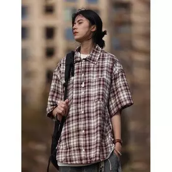 Летняя новая рубашка с цветными лацканами в клетку с японским ретро-украшением на карманах, рубашка с короткими рукавами M синий