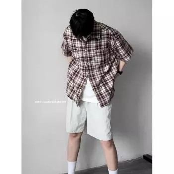 Летняя новая рубашка с цветными лацканами в клетку с японским ретро-украшением на карманах, рубашка с короткими рукавами M синий