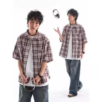 Летняя новая рубашка с цветными лацканами в клетку с японским ретро-украшением на карманах, рубашка с короткими рукавами M синий