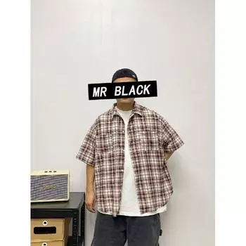 Летняя новая рубашка с цветными лацканами в клетку с японским ретро-украшением на карманах, рубашка с короткими рукавами M синий