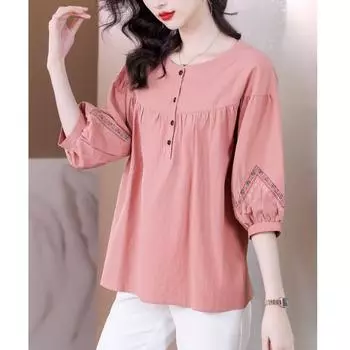 Летняя новая рубашка с короткими рукавами и застежкой на пять точек, свободная вышивка и тонкий повседневный свитер для мам среднего возраста M фиолетовый