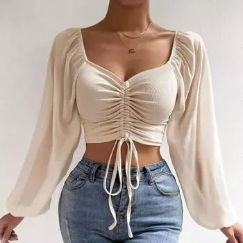 Летняя новая шифоновая блузка с V-образным вырезом и завязками, женская винтажная узкая модная сексуальная женская рубашка, топы, элегантная однотонная женская укороченная блузка 25156 S чёрный