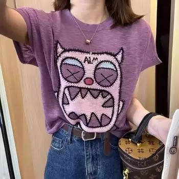 Летняя новая стильная футболка большого размера с круглым вырезом и короткими рукавами, которая визуально стройнит M фиолетовый