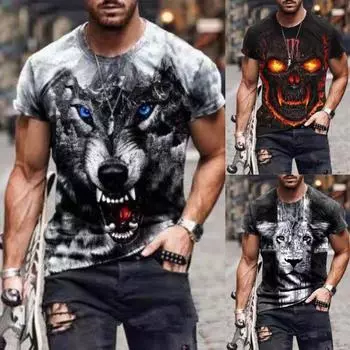 Летняя новая стильная футболка с 3D принтом волка, повседневная свободная индивидуальная спортивная футболка с короткими рукавами S красный