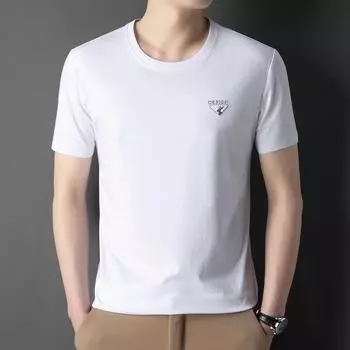 Летняя новая стильная мужская футболка из шелкового шелка среднего возраста с круглым вырезом и вышивкой, повседневная тонкая мужская футболка с короткими рукавами
