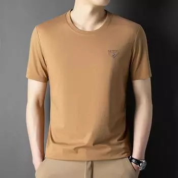 Летняя новая стильная мужская футболка из шелкового шелка среднего возраста с круглым вырезом и вышивкой, повседневная тонкая мужская футболка с короткими рукавами 48 белый