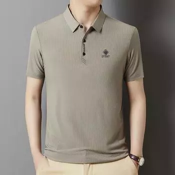 Летняя новая стильная мужская футболка из ледяного шелка с вертикальными полосками, основная модель с прессованными бриллиантами, молодежная рубашка-поло со средними рукавами M