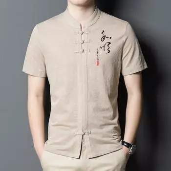 Летняя новая стильная мужская футболка с короткими рукавами и воротником-стойкой на пуговицах для мужчин среднего возраста M