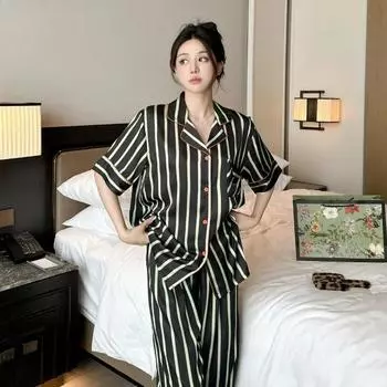 Летняя новая стильная пижама из шелка с принтом, женские брюки с короткими рукавами, свежая и высококачественная домашняя одежда M