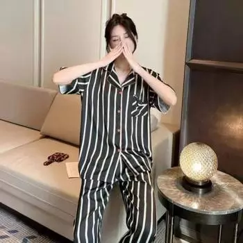 Летняя новая стильная пижама из шелка с принтом, женские брюки с короткими рукавами, свежая и высококачественная домашняя одежда M