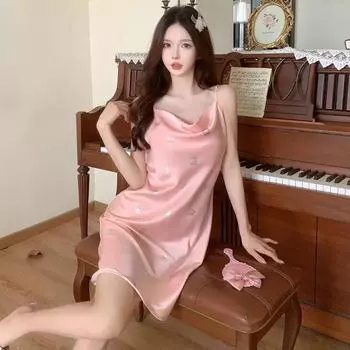 Летняя новая стильная серебристая бабочка сексуальная ледяная шелковая жаккардовая ночная рубашка на подтяжках для женщин Pure Lust Style пижама M синий