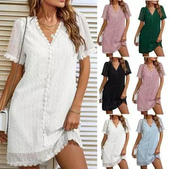 Летняя новая стильная свободная юбка средней длины с короткими рукавами и кружевом для женщин S белый