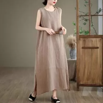 Летняя новая свободная А-силуэта юбка-жилет с большим подолом, женское универсальное платье из хлопка и льна однотонной расцветки без рукавов с круглым вырезом L хаки