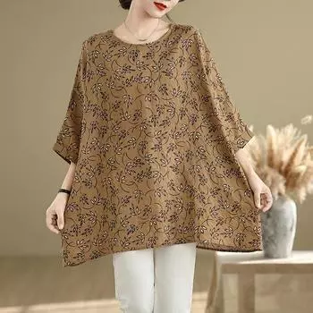 Летняя новая свободная футболка с круглым вырезом и рукавом семь четвертей для женщин one size