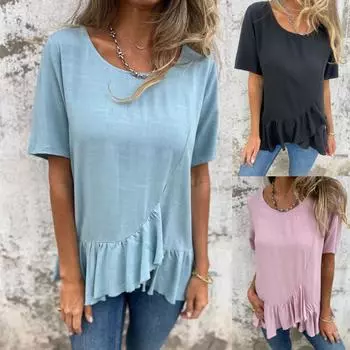 Летняя новая свободная футболка женская с круглым вырезом повседневная хлопковая и льняная с оборками M чёрный