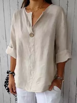 Летняя новая свободная футболка женская с V-образным вырезом из хлопка и льна на пуговицах S красный