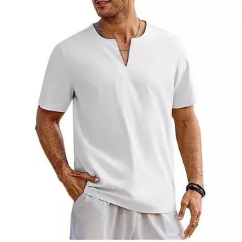 Летняя новая свободная льняная футболка с короткими рукавами для мужчин, однотонные топы с V-образным вырезом, уличные блузки, мужская одежда, повседневные пляжные футболки S