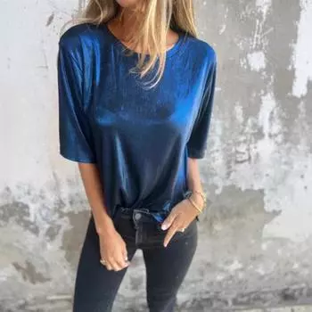 Летняя новая свободная однотонная женская футболка с круглым вырезом и короткими рукавами, блузки и рубашки XS золотой