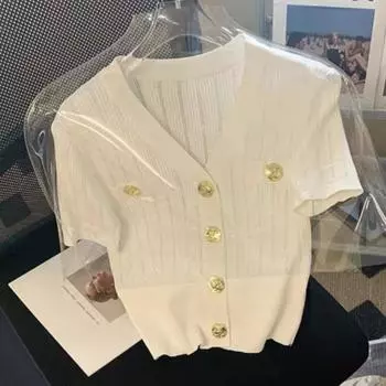 Летняя новая свободная трикотажная футболка с V-образным вырезом, женская модная тонкая повседневная футболка на пуговицах для женщин, элегантные однотонные простые винтажные футболки для женщин 24882 One Size розовый