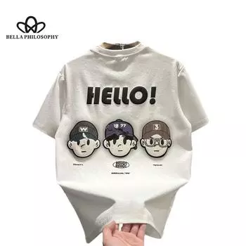 Летняя новая тенденция, модная универсальная повседневная мужская свободная футболка с короткими рукавами и круглым вырезом с короткими рукавами и принтом M чёрный