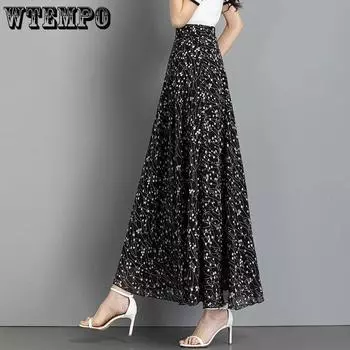 Летняя новая юбка-полуторалетняя шифоновая юбка в китайском стиле с принтом, длинная юбка-трапеция с высокой талией, ретро-юбка большого размера для женщин M