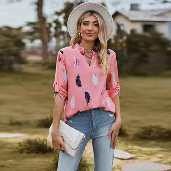 Летняя новая женская блузка с v-образным вырезом и принтом перьев, повседневная свободная рубашка с коротким рукавом для женщин, модные офисные женские блузки и топы больших размеров 24073 S чёрный