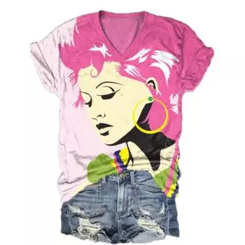 Летняя новая женская футболка, модная музыка, удобные футболки с V-образным вырезом, 3D-принт, свободная повседневная женская одежда с короткими рукавами 2024 S