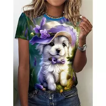 Летняя новая женская футболка с 3D-цифровым принтом, креативный анималистичный узор, круглый вырез, повседневный свободный модный топ с коротким рукавом XS