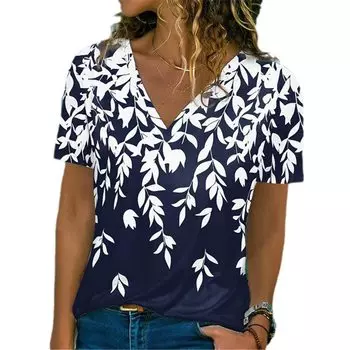 Летняя новая женская футболка с 3D-растительным принтом, V-образным вырезом и коротким рукавом, модная женская футболка, женская футболка 2000 года S